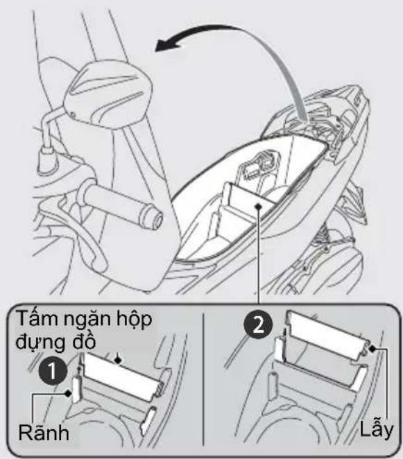 Tấm ngăn hộp đụng đồ ① Rãnh ② Lãy