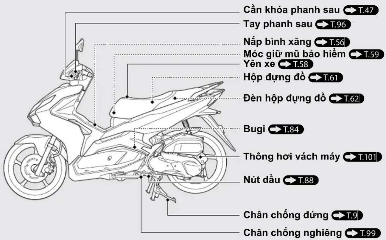 Cần khóa phanh sau → T.47 Tay phanh sau → T.96 Nắp bình xăng → T.56 Móc giữ mũ bảo hiểm → T.59 Yên xe → T.58 Hộp đựng đồ → T.61 Đèn hộp đựng đồ → T.62 Bugi → T.84 Thông hơi vách máy → T.101 Nút dầu → T.88 Chân chống đúng → T.9 Chân chống nghiêng → T.99