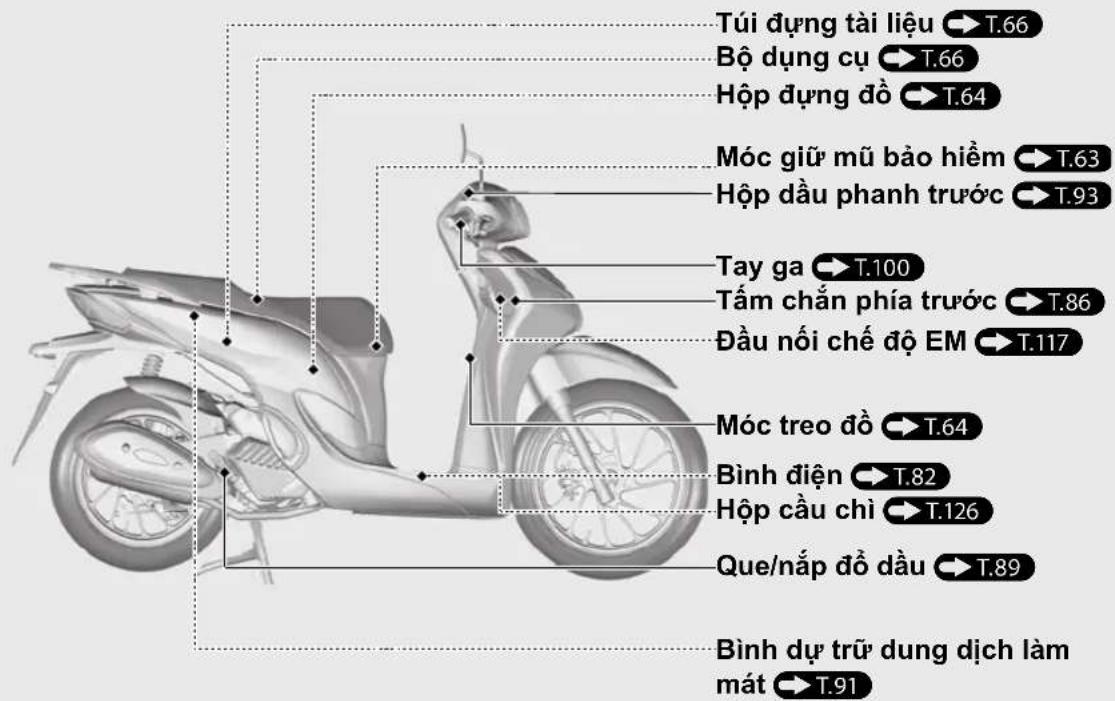 Túi dựng tài liệu → T.66 Bộ dụng cụ → T.66 Hộp dụng đồ → T.64 Móc giữ mũ bảo hiểm → T.63 Hộp dầu phanh trước → T.93 Tay ga → T.100 Tấm chắn phía trước → T.86 Đầu nối chế độ EM → T.117 Móc treo đồ → T.64 Bình điện → T.82 Hộp cầu chỉ → T.126 Que/nắp đồ dầu → T.89 Bình dự trữ dụng dịch làm mát → T.91