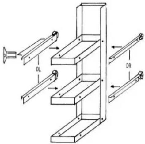 Technical diagram of a multi-level mechanical assembly with labeled components DL and DR