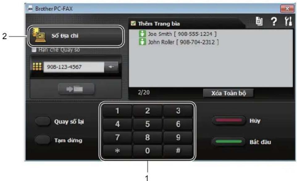Brother PC-FAX Số địa chỉ Hạn che Quay so 908-123-4567 Thêm Trang bia Joe Smith [ 908-555-1234 ] John Roller [ 908-704-2312 ] 2/20 Xóa Toàn bộ Quay số lại Tạm dùng 1 2 3 4 5 6 7 8 9 * 0 # Hủy Bát dâu 1