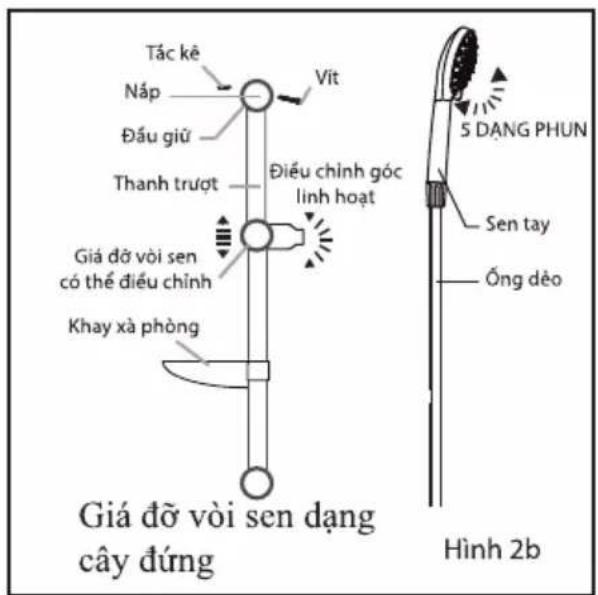 Tác kê Nắp Đấu giữ Thanh trượt Điều chỉnh góc linh hoạt Giá đã vòi sen có thế điều chỉnh Khay xà phòng Giá đỡ vòi sen dạng cây đúng Vít 5 DẠNG PHUN Sen tay Ống dẻo Hình 2b