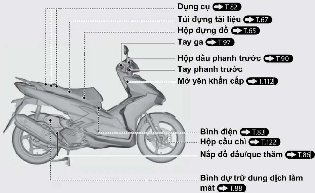 Dụng cụ →T.82 Túi dựng tài liệu →T.67 Hộp Guangdong đồ →T.65 Tay ga →T.97 Hộp dầu phanh trước →T.90 Tay phanh trước Mở yên khẩn cấp →T.112 Bình điện →T.83 Hộp cầu chỉ →T.122 Nắp đồ dầu/que thăm →T.86 Bình dự trữ dung dịch làm mát →T.88