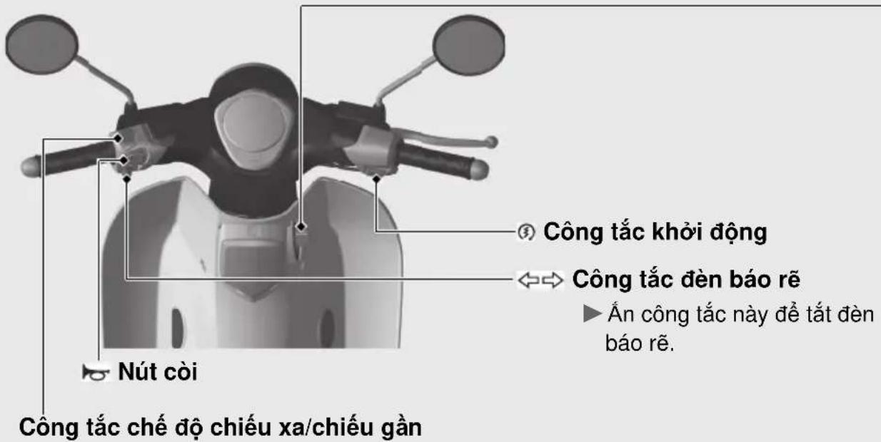 Công tắc khởi động Công tắc đèn báo rẽ ▶ Ản công tắc này để tất đèn báo rẽ. Nút còi Công tắc chế độ chiếu xa/chiếu gần