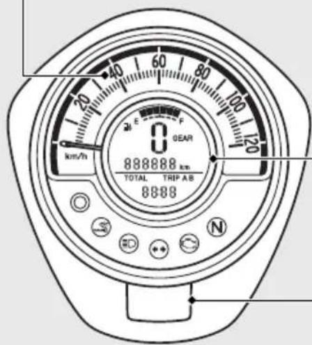 20 40 60 80 100 120 km/h E F 0 GEAR 888888 km TOTAL TRIP A B 8888
