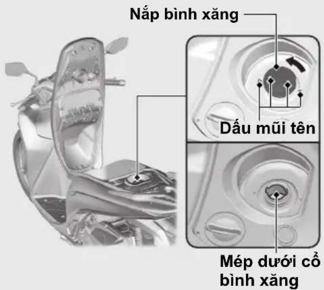 Nắp bình xăng Dấu mũi tên Mép dưới cổ bình xăng