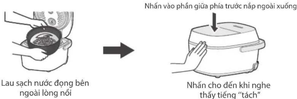 TOSHIBA RC-18DR5UVNW - Lau sạch các giọt nước và vật lạ bám bên ngoài lòng nổi, lắp lòng nổi vào và đóng nắp ngoài. - 1