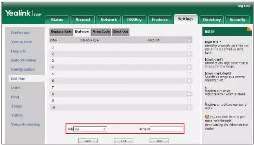 Yealink SIP-T20p - To add dial-now rule via web user interface: - 1