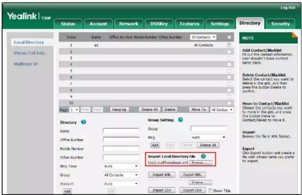 Yealink SIP-T20p - Importing/Exporting Contact Lists - 1