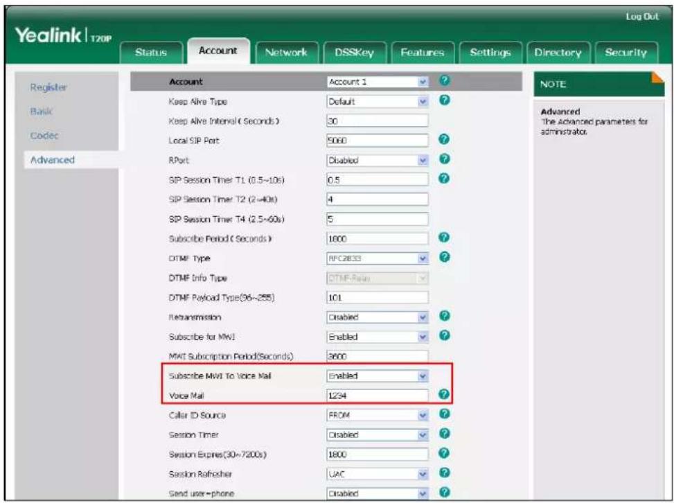 Yealink SIP-T20p - Enter the desired voice mail number in the Voice Mail field. - 1