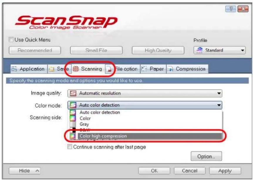 FUJITSU ScanSnap iX500 - In the [Color mode] drop-down list in the [Scanning] tab, select [Color high compression]. - 1