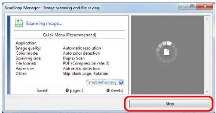 FUJITSU ScanSnap iX500 - Click the [Stop] button in the [ScanSnap Manager - Image scanning and file saving] dialog box which appears during scanning. - 1