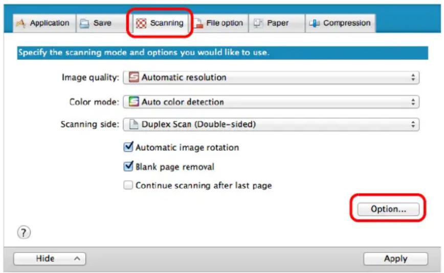 FUJITSU ScanSnap iX500 - Click the [Option] button in the [Scanning] tab. - 1