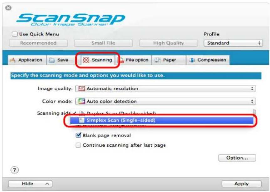 FUJITSU ScanSnap iX500 - In the [Scanning side] pop-up menu in the [Scanning] tab, select [Simplex Scan (Single-sided)]. - 1