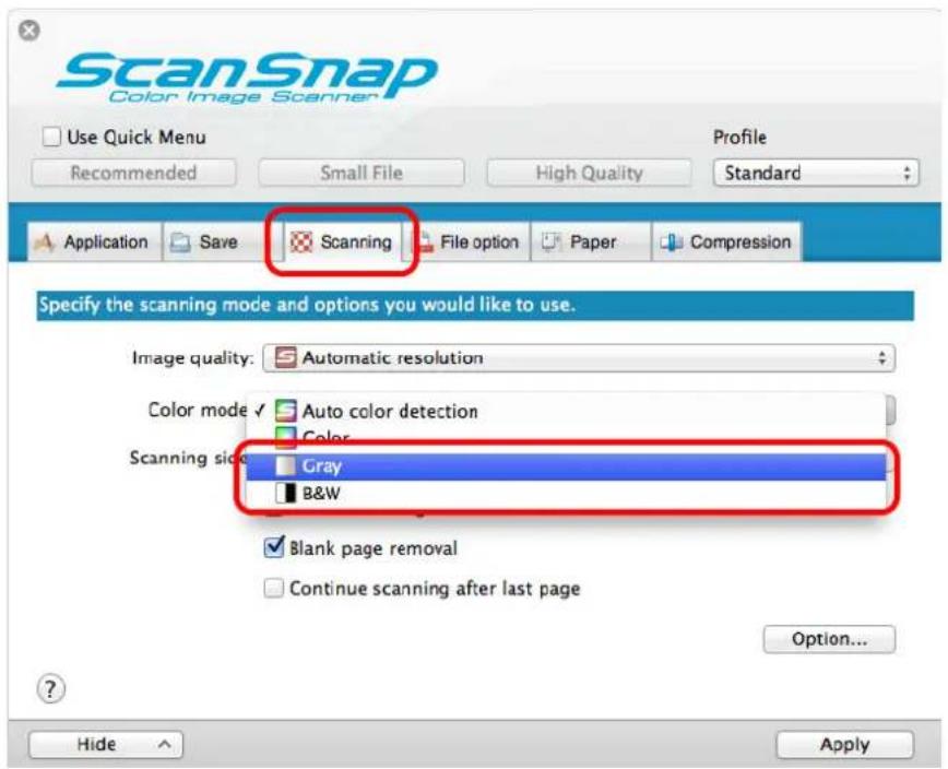 FUJITSU ScanSnap iX500 - In [Color mode] pop-up menu in the [Scanning] tab, select [Gray] or [B&amp;W]. - 1