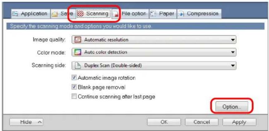 FUJITSU ScanSnap iX500 - Click the [Option] button in the [Scanning] tab. - 1