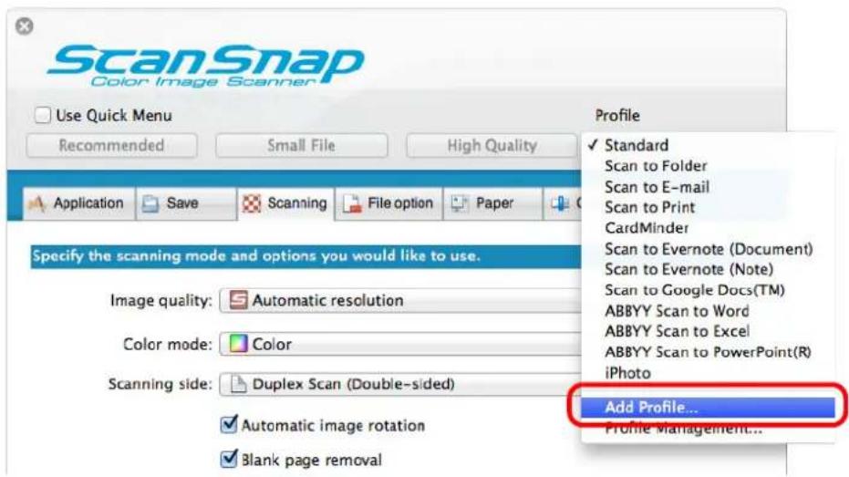 FUJITSU ScanSnap iX500 - Select [Add Profile] from the [Profile]. - 1