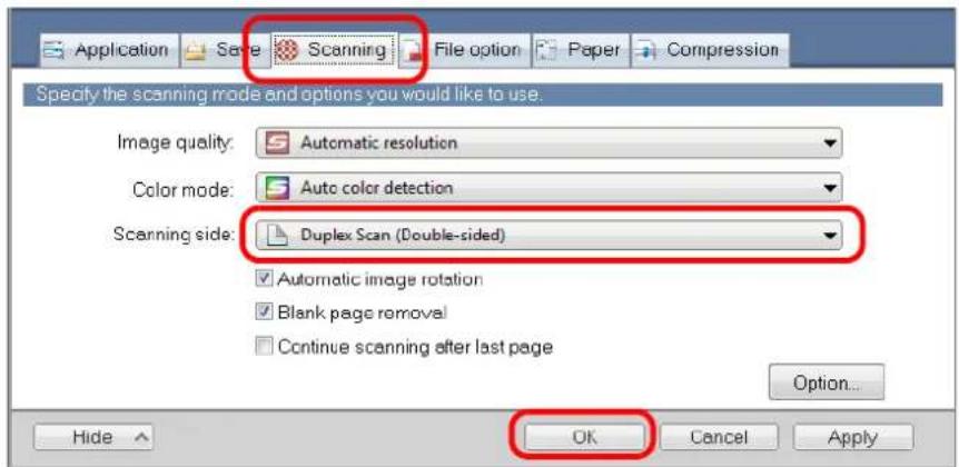 FUJITSU ScanSnap iX500 - In the [Scanning side] drop-down list in the [Scanning] tab, select [Duplex Scan (Double-sided)] and click the [OK] button. - 1