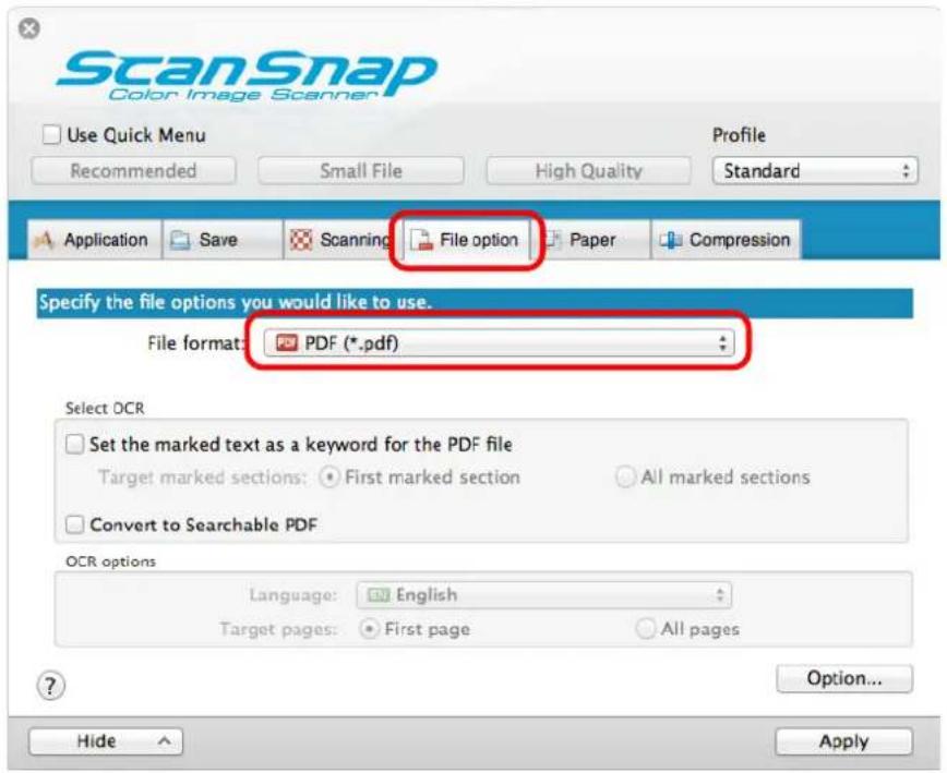 FUJITSU ScanSnap iX500 - In the [File format] pop-up menu in the [File option] tab, select [PDF (\*.pdf)]. - 1