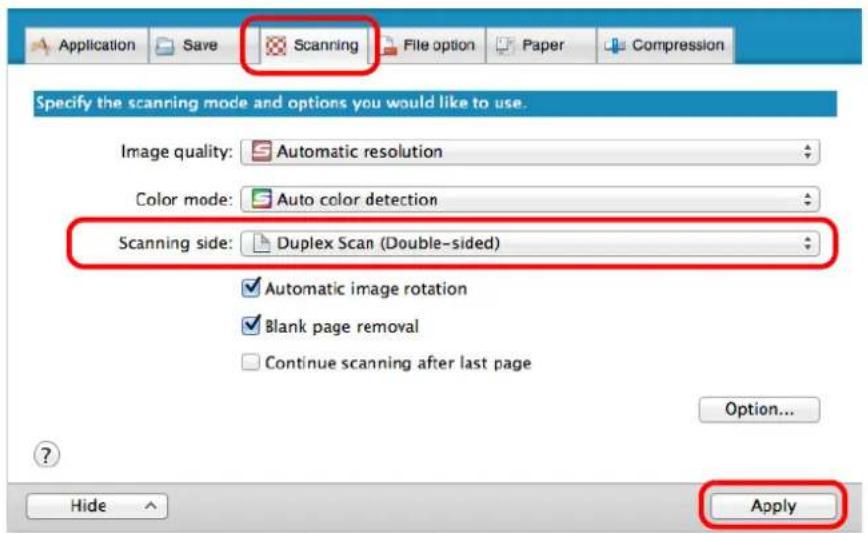 FUJITSU ScanSnap iX500 - In the [Scanning side] pop-up menu in the [Scanning] tab, select [Duplex Scan (Double-sided)] and click the [Apply] button. - 1