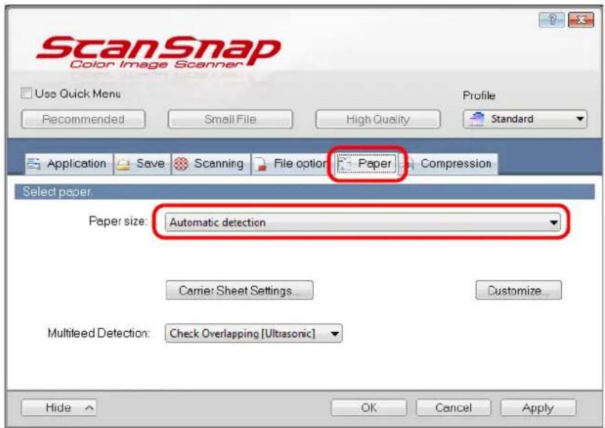 FUJITSU ScanSnap iX500 - In the [Paper] tab, select [Automatic detection] in [Paper size]. - 1