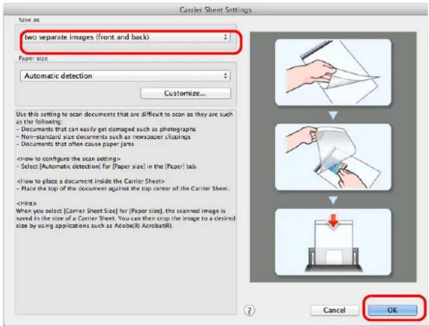 FUJITSU ScanSnap iX500 - Select [two separate images (front and back)] in [Save as] and click the [OK] button. - 1