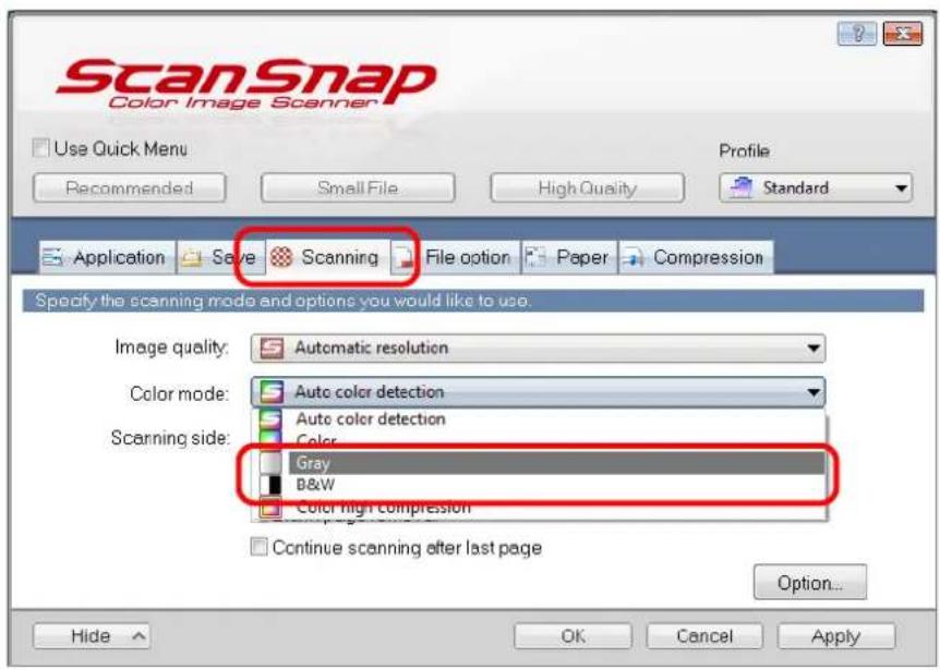 FUJITSU ScanSnap iX500 - In [Color mode] drop-down list in the [Scanning] tab, select [Gray] or [B&amp;W]. - 1