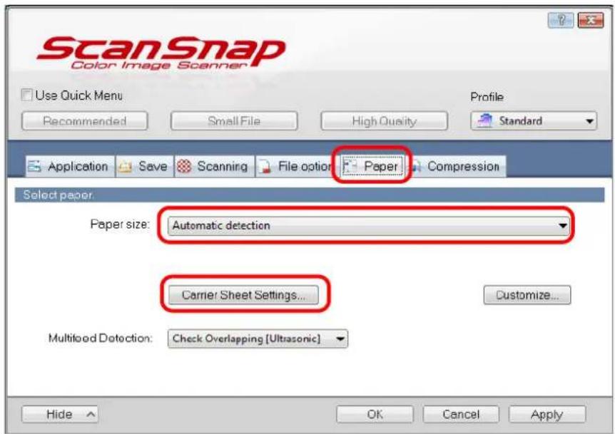 FUJITSU ScanSnap iX500 - In the [Paper] tab, select [Automatic detection] in [Paper size], and then click the [Carrier Sheet Settings] button. - 1