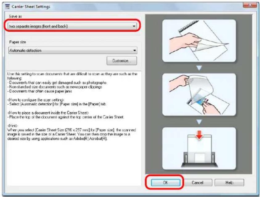 FUJITSU ScanSnap iX500 - Select [two separate images (front and back)] in [Save as] and click the [OK] button. - 1