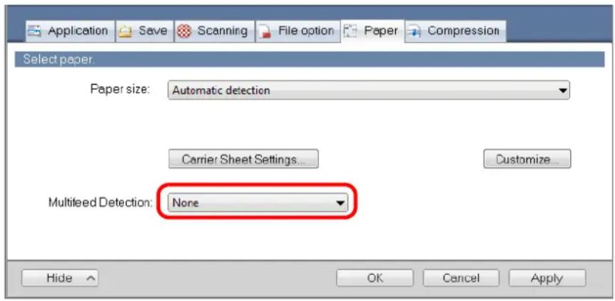 FUJITSU ScanSnap iX500 - Select [None] in [Multifeed Detection] drop-down list. - 1