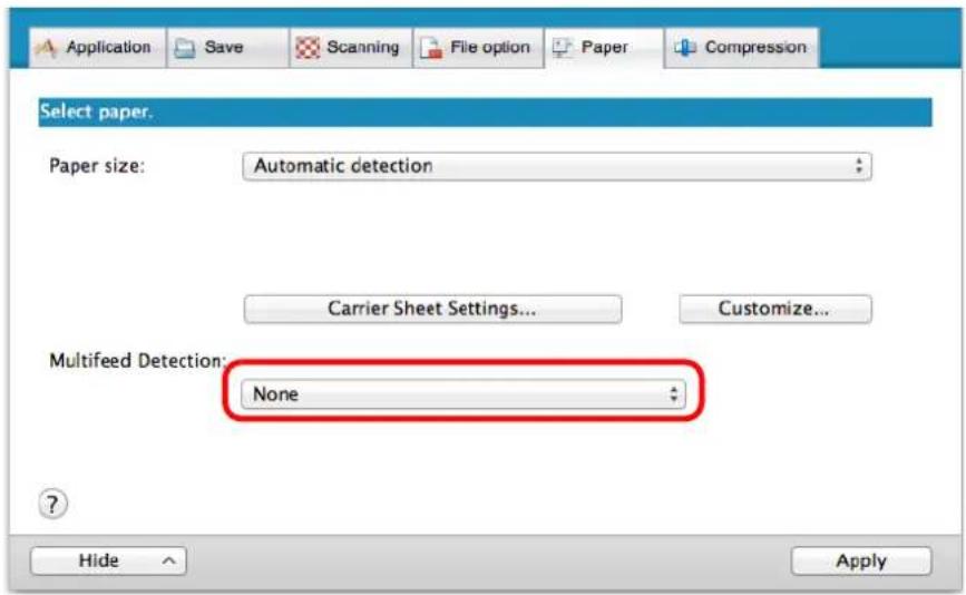 FUJITSU ScanSnap iX500 - Select [None] in [Multifeed Detection] pop-up menu. - 1