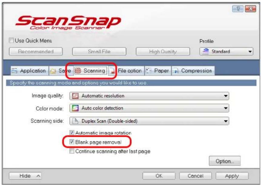 FUJITSU ScanSnap iX500 - Select the [Blank page removal] check box in the [Scanning] tab. - 1