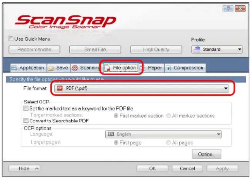 FUJITSU ScanSnap iX500 - In the [File format] drop-down list in the [File option] tab, select [PDF (\*.pdf)]. - 1