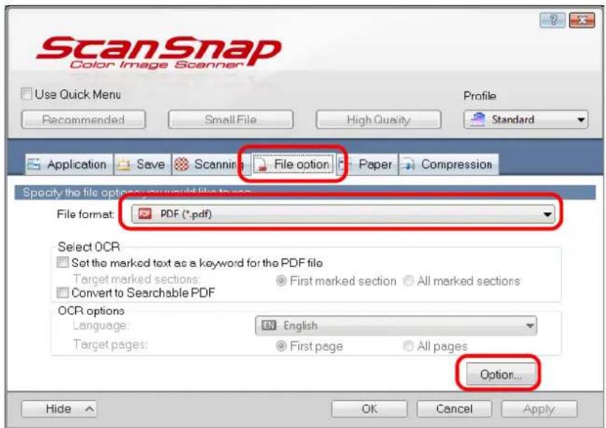 FUJITSU ScanSnap iX500 - In the [File format] drop-down list in the [File option] tab, select [PDF (\*.pdf)], and then click the [Option] button. - 1