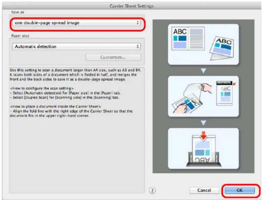 FUJITSU ScanSnap iX500 - Select [one double-page spread image] in [Save as] and click the [OK] button. - 1
