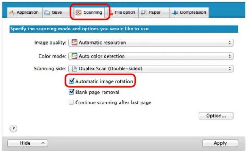 FUJITSU ScanSnap iX500 - Select the [Automatic image rotation] checkbox in the [Scanning] tab. - 1