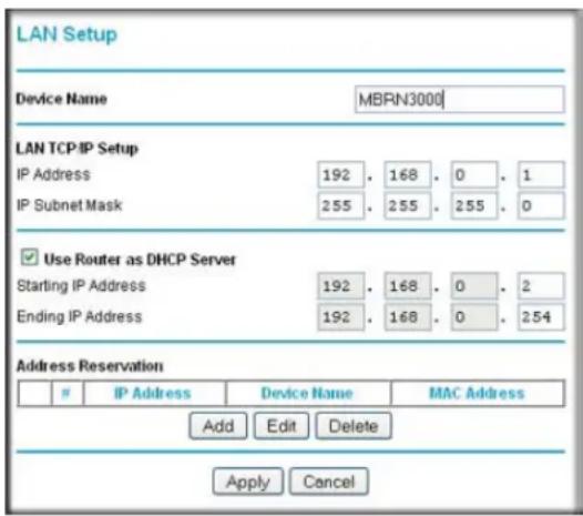 NETGEAR MBRN3000 - To view or change the LAN IP Setup: - 1