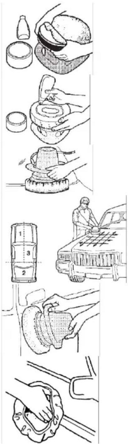 Illustration showing steps to clean a car's brush, including mixing, cleaning, and cleaning of a brush.