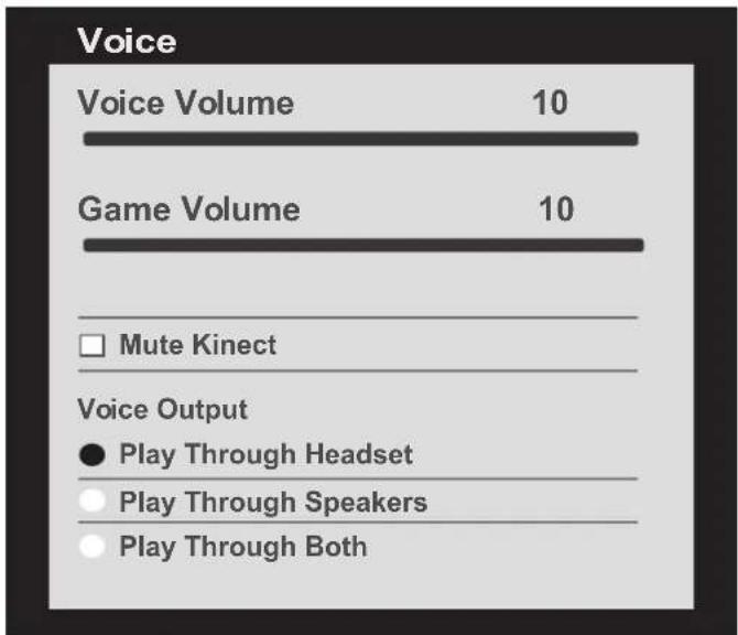 Voice Voice Volume 10 Game Volume 10 □ Mute Kinect Voice Output ● Play Through Headset ○ Play Through Speakers ○ Play Through Both