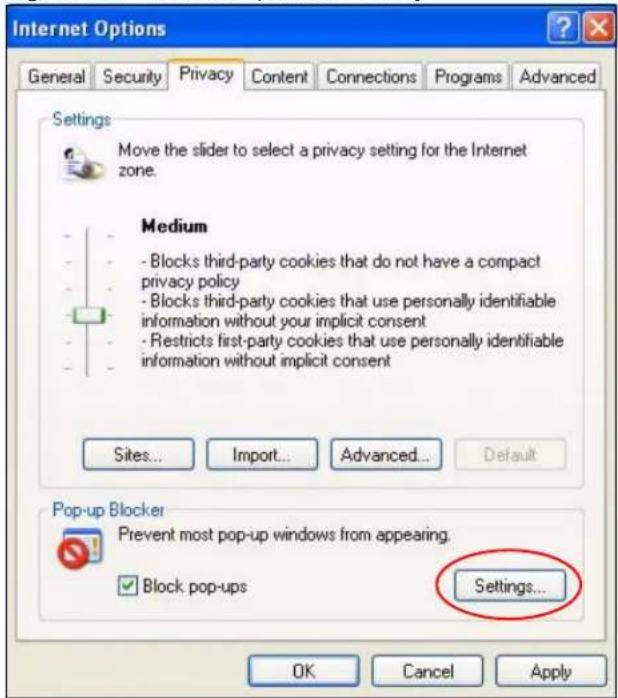 ZYXEL NBG5715 - Enable Pop-up Blockers with Exceptions - 1