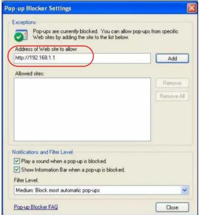 ZYXEL NBG5715 - Enable Pop-up Blockers with Exceptions - 2