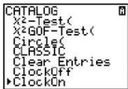 TEXAS INSTRUMENTS TI-84 - Using the Catalog to turn the clock on - 1