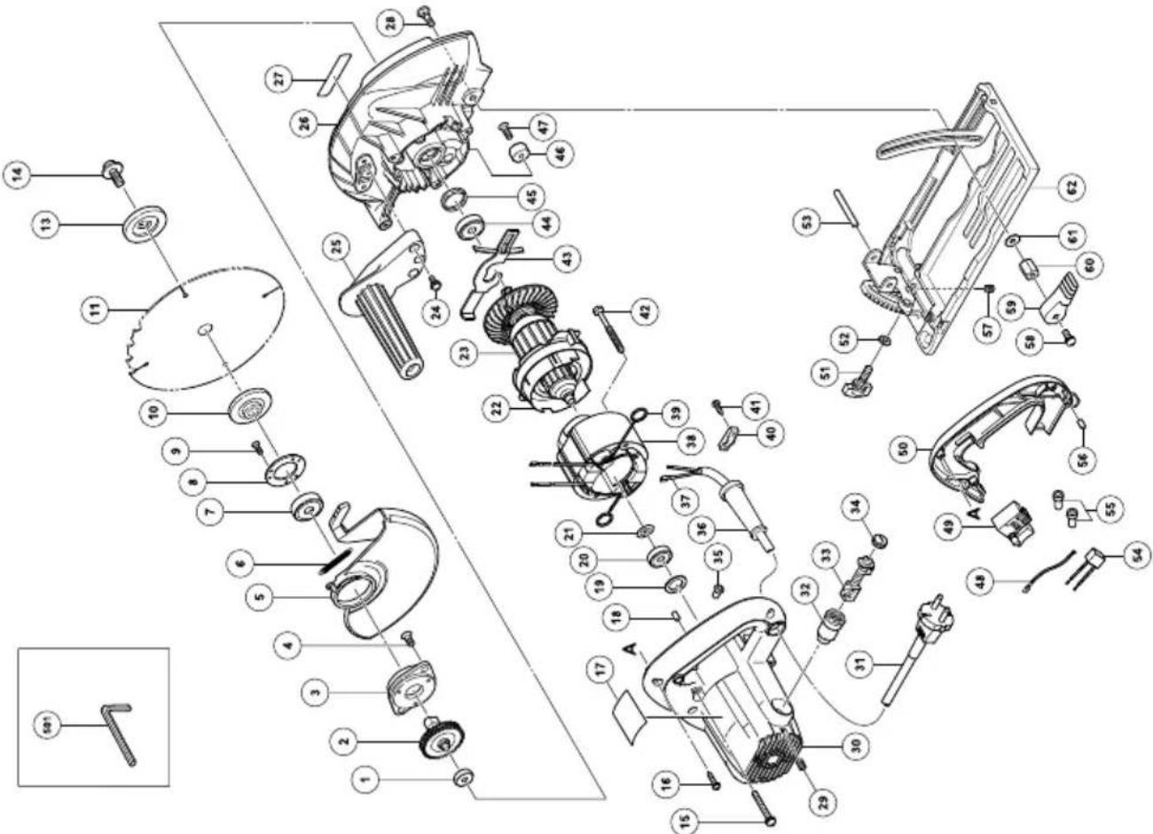 Exploded view diagram of a mechanical assembly with numbered parts and exploded view, likely for assembly or maintenance purposes.