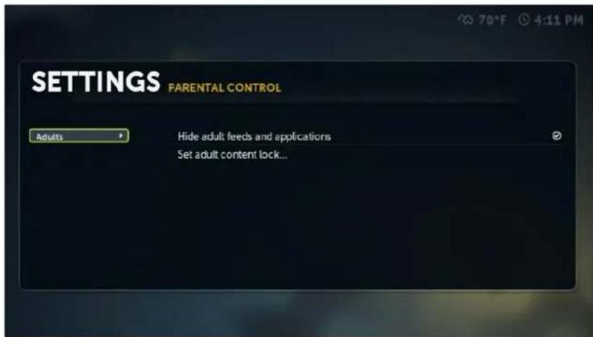 D-LINK Boxee Box - Setting > Parental Control > Hide adult feeds and applications - 1