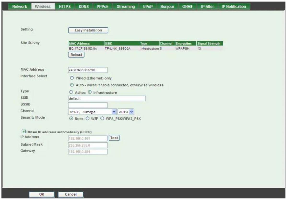 Network Wireless HTTPS DDNS PPPoE Streaming UPnP Bonjour ONVIF IP Filter IP Notification Setting Easy Installation Site Survey MAC Address SSID Type Channel Encryption Signal Strength EC:17:2F:89:80:0A TP-LINK_89S00A Infrastructure 6 WPAPSK 13 Reload MAC Address 74:2F:68:92:27:0E Interface Select Wi…