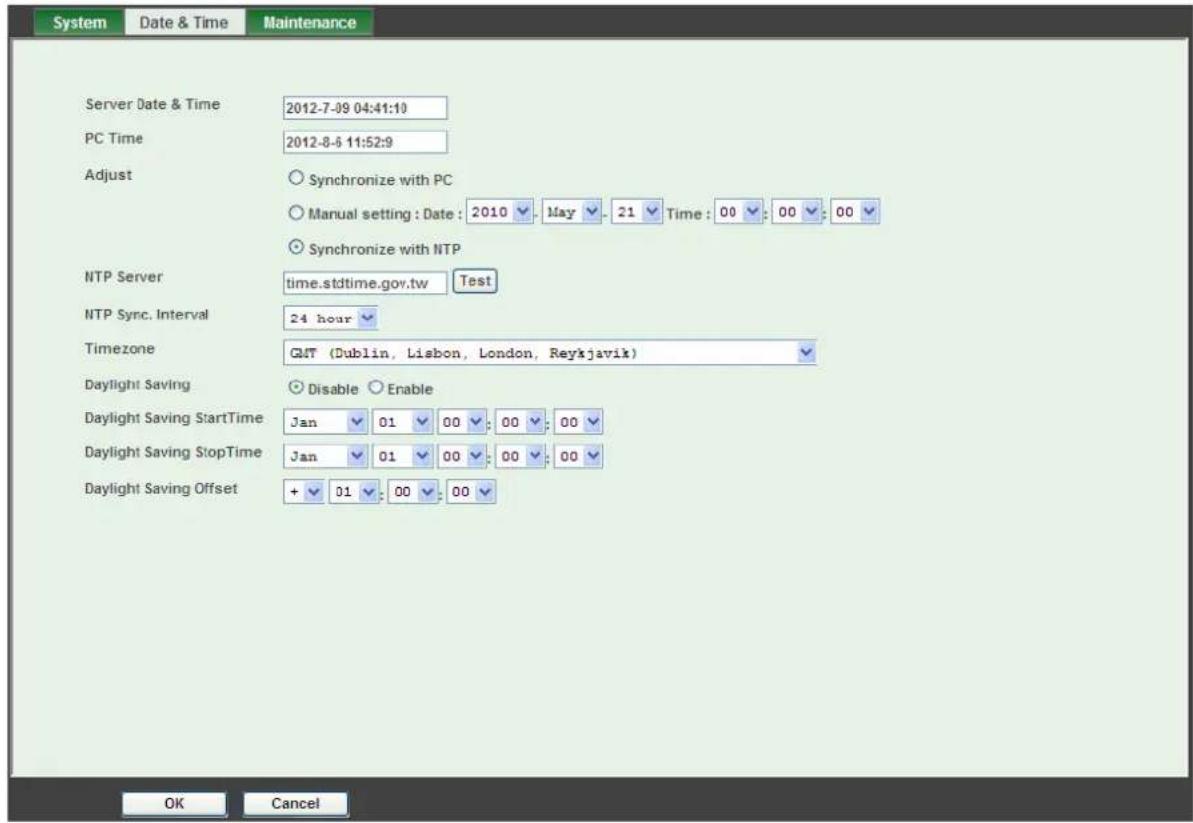 System Date & Time Maintenance Server Date & Time 2012-7-09 04:41:10 PC Time 2012-8-6 11:52:9 Adjust ○ Synchronize with PC ○ Manual setting : Date : 2010 ▼ May ▼ 21 ▼ Time : 00 ▼ 00 ▼ 00 ▼ ○ Synchronize with NTP NTP Server time.stdtime.gov.tw Test NTP Sync. Interval 24 hour ▼ Timezone GMT (Dublin, L…