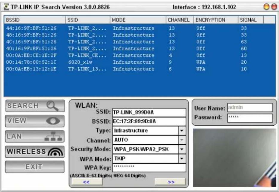 TP-LINK IP Search Version 3.0.0.8826. Interface: 192.168.1.102. BSSID, SSID, MODE, CHANNEL, ENCRYPTION, SIGNAL. 44:16:9F:BF:51:26, TP-LINK_2...., Infrastructure, 13, Off, 33. 48:16:9F:BF:51:26, TP-LINK_2...., Infrastructure, 13, Off, 33. 4C:16:9F:BF:51:26, TP-LINK_2...., Infrastructure, 13, Off, 63.…