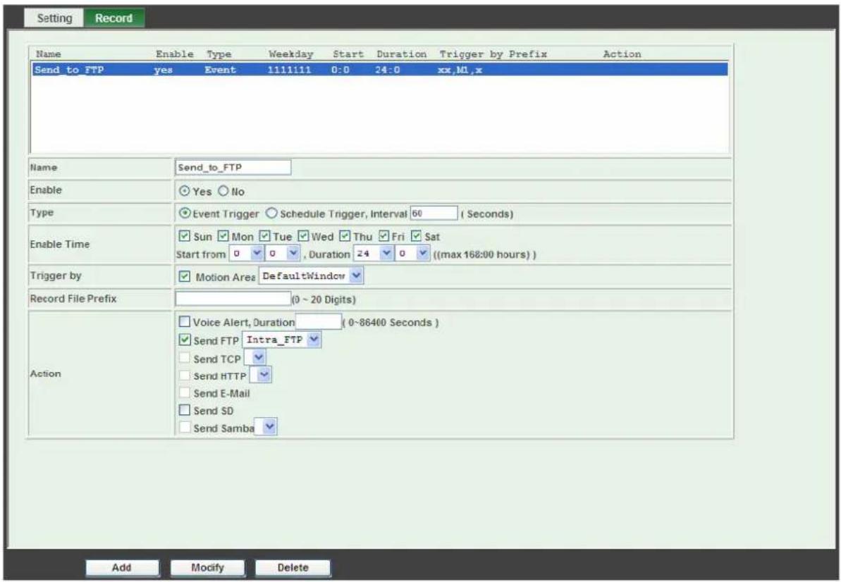 Setting Record Name, Enable, Type, Weekday, Start, Duration, Trigger by, Prefix, Action Send to FTP: yes, Event, 1111111, 0:0, 24:0, xx,MI,x Name: Send_to_FTP Enable: Yes / No Type: Event Trigger / Schedule Trigger, Interval: 50 (Seconds) Enable Time: Sun, Mon, Tue, Wed, Thu, Fri, Sat Start from: 0:…