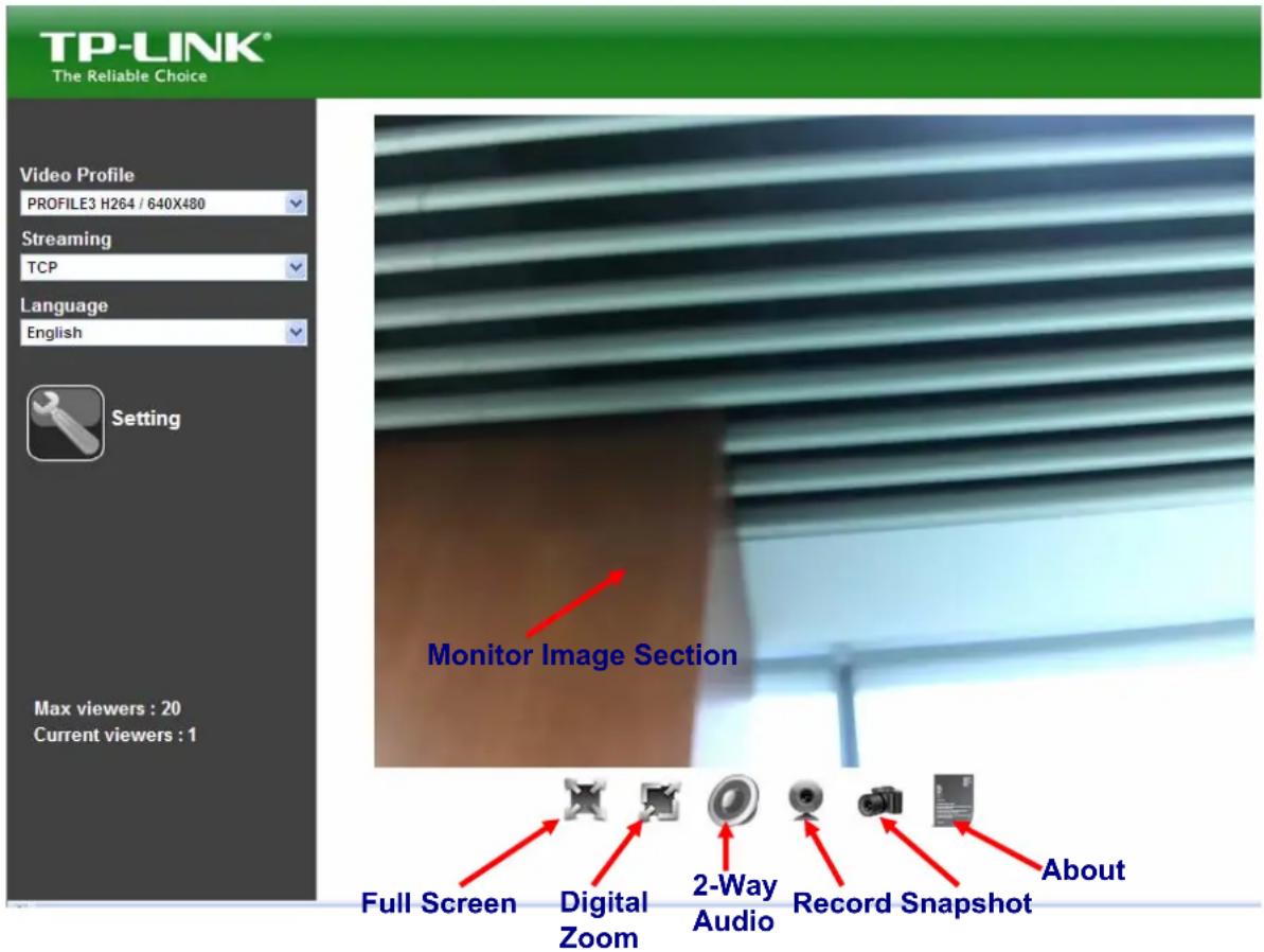TP-LINK® The Reliable Choice Video Profile PROFILE3 H264 / 640X480 Streaming TCP Language English Setting Max viewers : 20 Current viewers : 1 Monitor Image Section Full Screen Digital Zoom 2-Way Audio Record Snapshot About