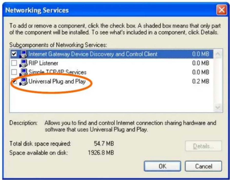 Networking Services To add or remove a component, click the check box. A shaded box means that only part of the component will be installed. To see what's included in a component, click Details. Subcomponents of Networking Services: Internet Gateway Device Discovery and Control Client 0.0 MB RIP Lis…